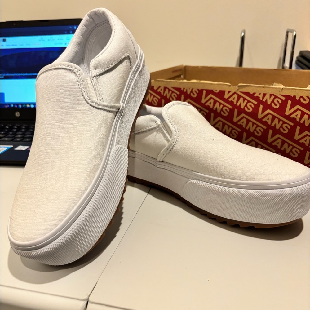 Vans White Slip-On Platform Sneakers with Gum Sole - Picture 3 of 9